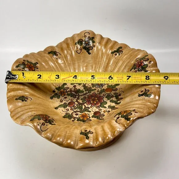 Vtg Cerbella Gubbio Ceramic Stoneware Pedestal Scalloped Fruit Bowl Floral Italy
